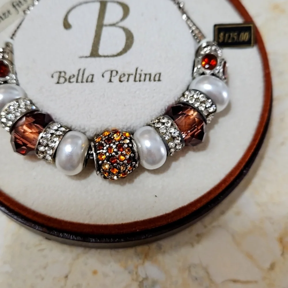NWT BELLA PERLINA BROWN GOLD WHITE PEARL SILVER‎ CHARM BRACELET
